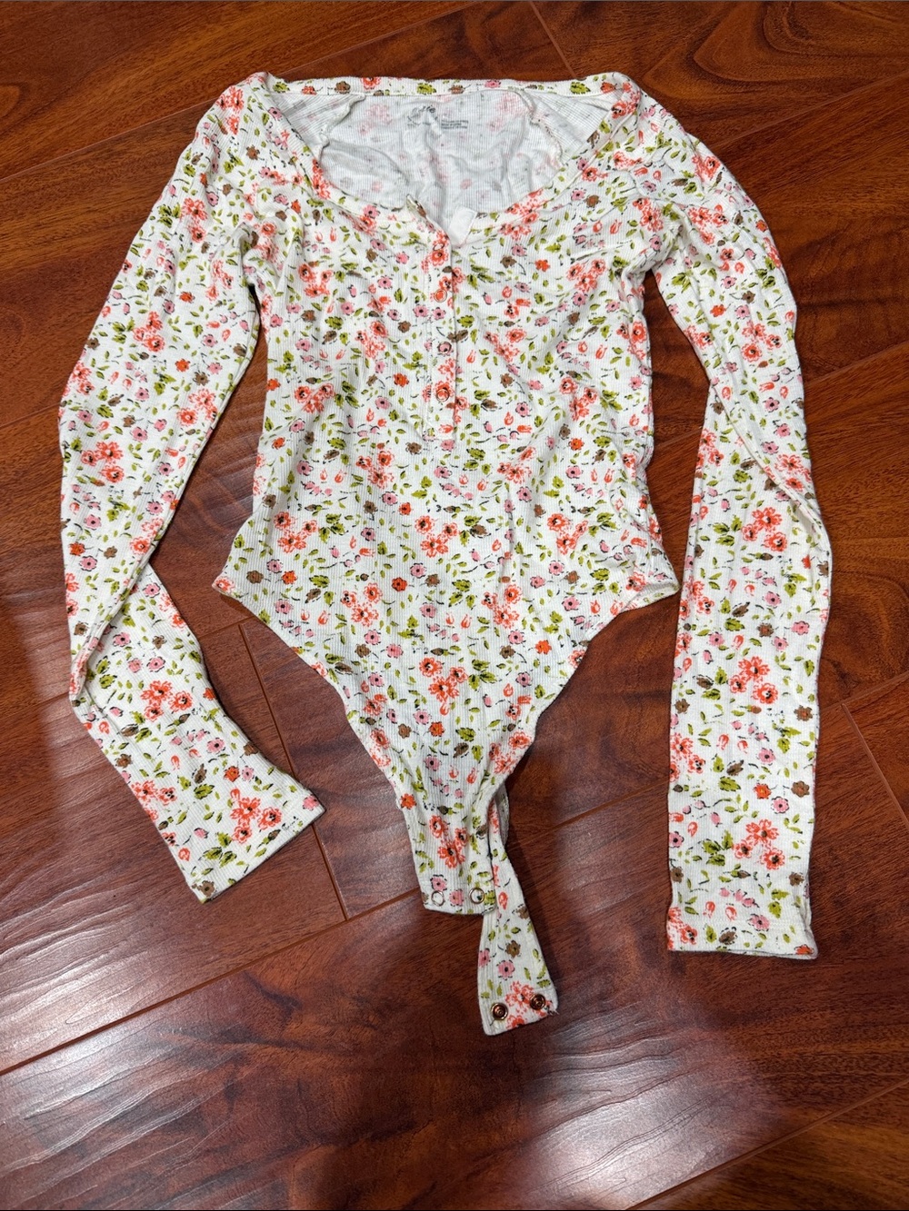 aerie White Bodysuit with Coral Floral Print